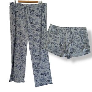 Lucky Brand Pajama Set Women XL Gray Blue Floral Pants Shorts 2 Piece Knit Cozy